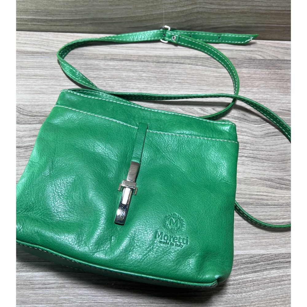 Moretti Italy Green Leather Small Crossbody Shoulder Bag Silver Buckle‎